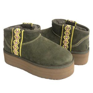 NIB UGG PLATFORM TASMAN BRAID ULTRA MINI SUEDE SHEARLING LINED BOOTS OLIVE GREEN